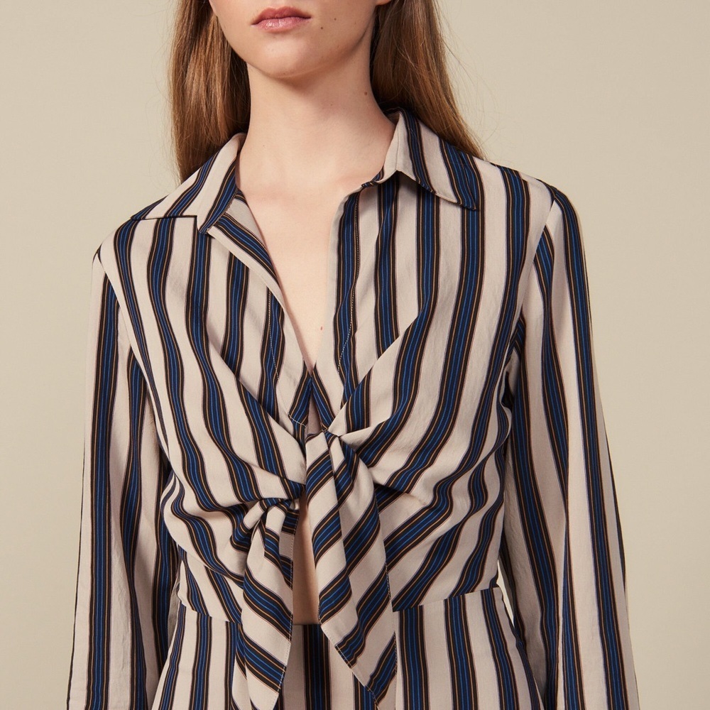 Sandro Paris Vilna Striped Tie-Front Midi Dress Beige/Blue Size 42 (US 10) NWT - Picture 4 of 12